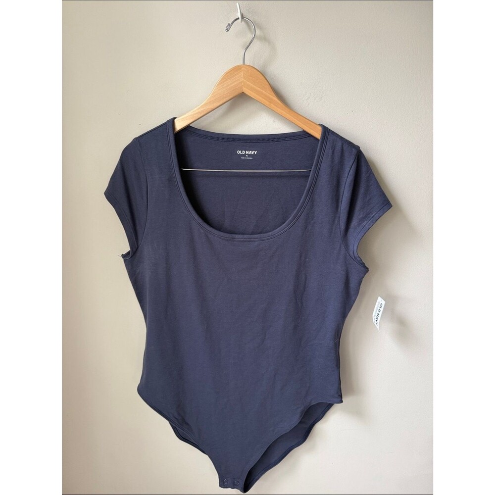 Old Navy Blue Scoop Neck Short Sleeve Bodysuit Stretch Knit Basic NWT